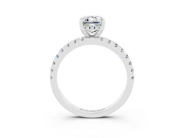 White gold Emerald Cut Moissanite Solitaire Ring with Round  Pavé Band and Four-Prong Setting