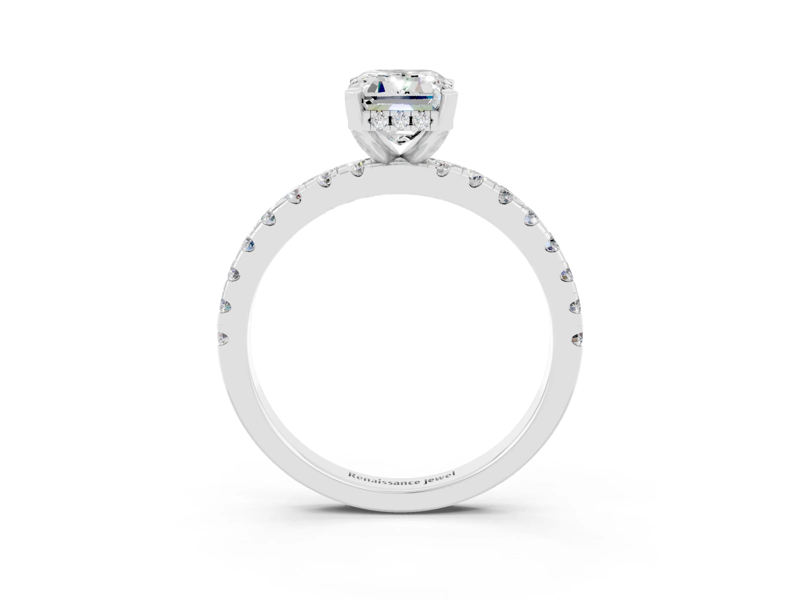 White gold Emerald Cut Moissanite Solitaire Ring with Pavé Band and Four-Prong Setting_27