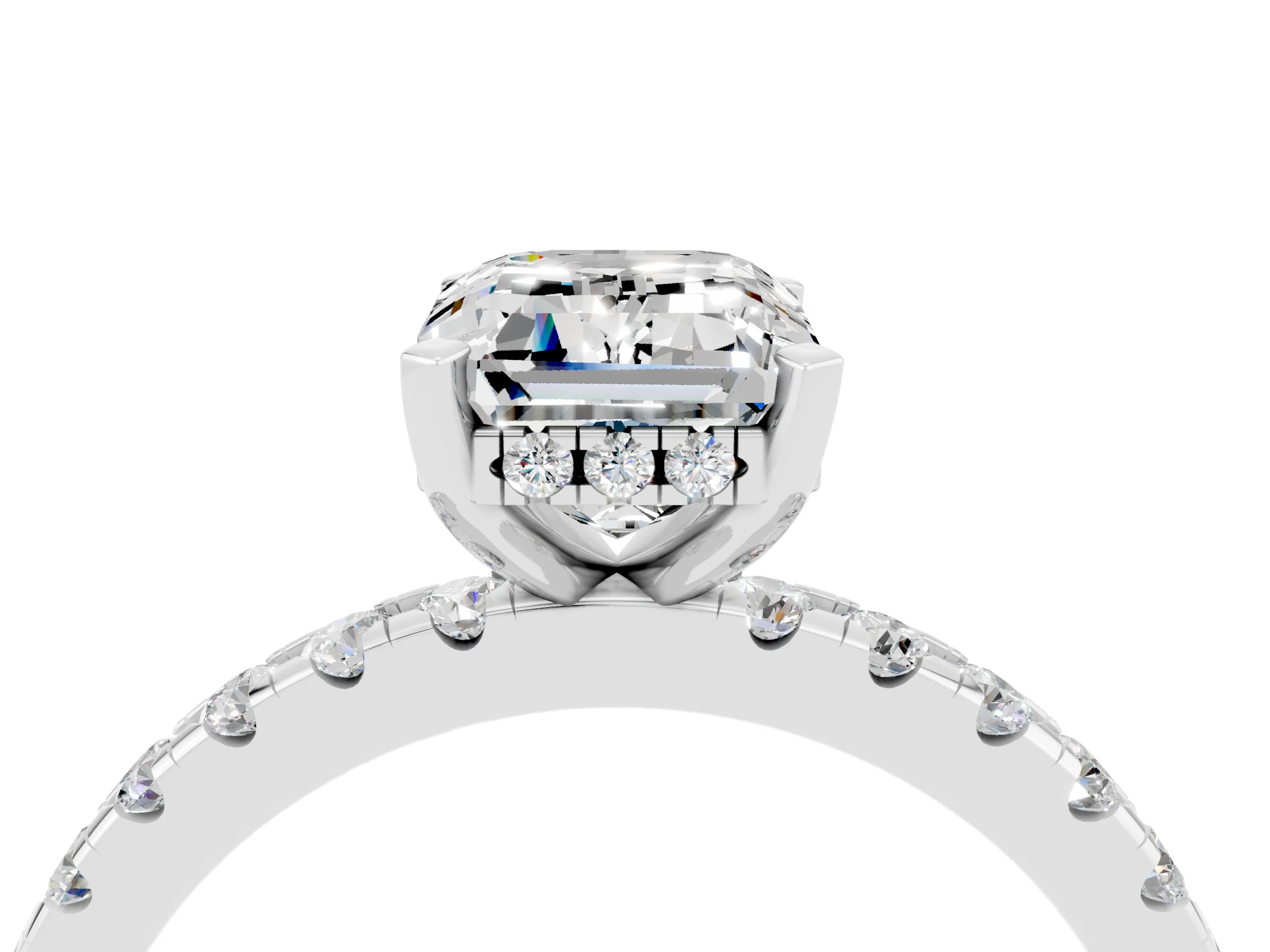 White gold Emerald Cut Moissanite Solitaire Ring with Pavé Band and Four-Prong Setting_28