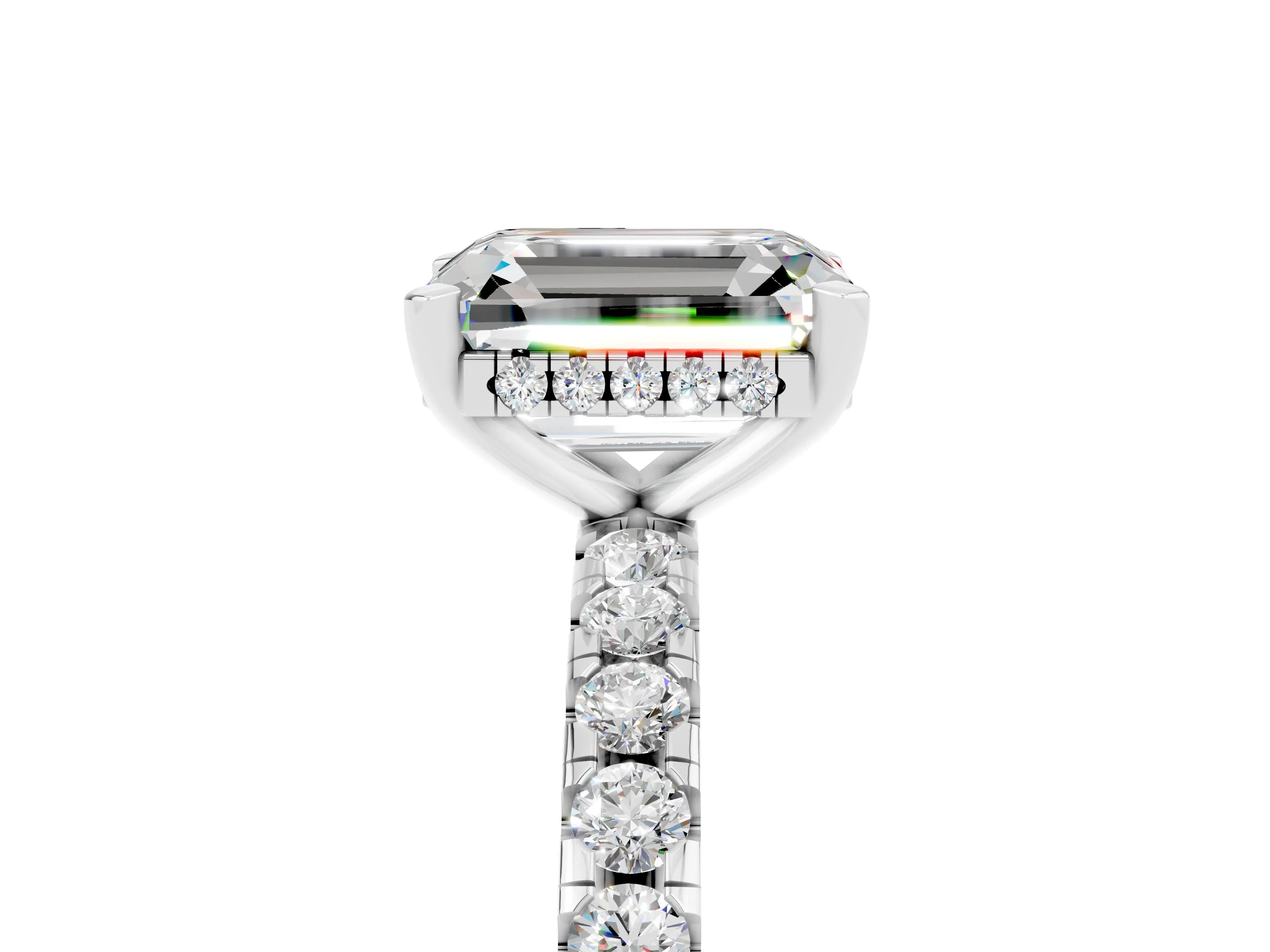 White gold Emerald Cut Moissanite Solitaire Ring with Pavé Band and Four-Prong Setting_29