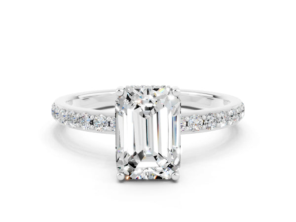 Platinum Emerald Cut Moissanite Solitaire Ring with Pavé Band and Hidden Halo