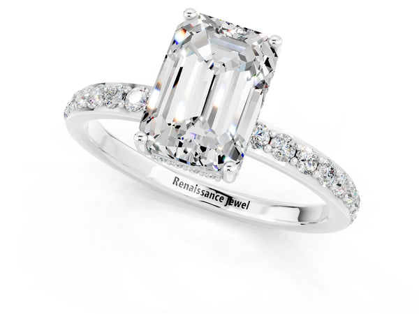 Platinum Emerald Cut Moissanite Solitaire Ring with Pavé Band and Hidden Halo