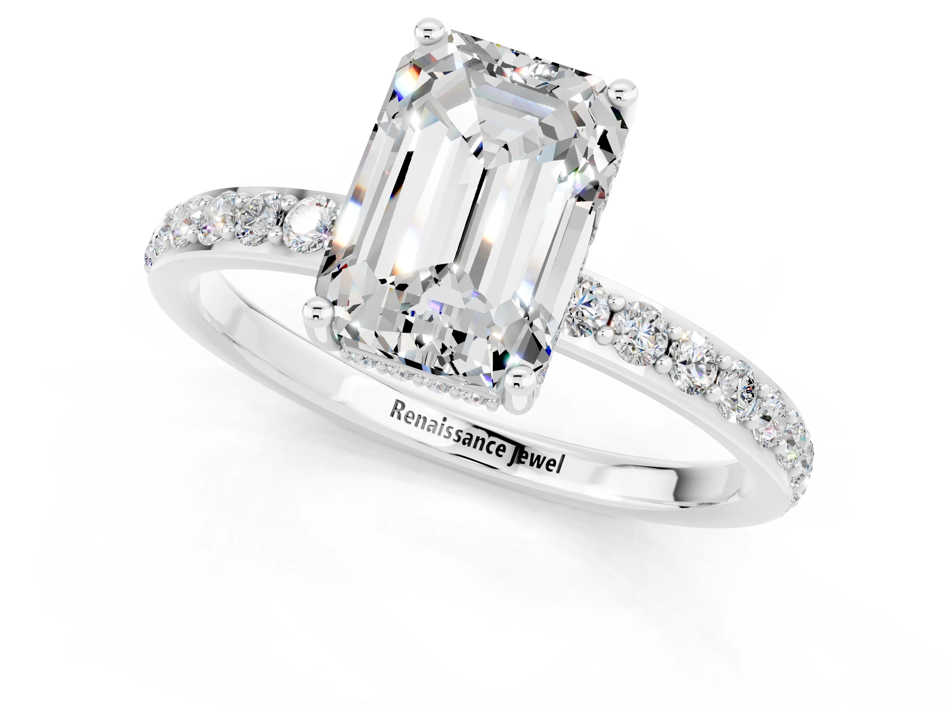 White gold Emerald Cut Moissanite Solitaire Ring with Pavé Band and Hidden Halo_1