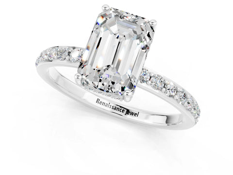 White gold Emerald Cut Moissanite Solitaire Ring with Pavé Band and Hidden Halo_1