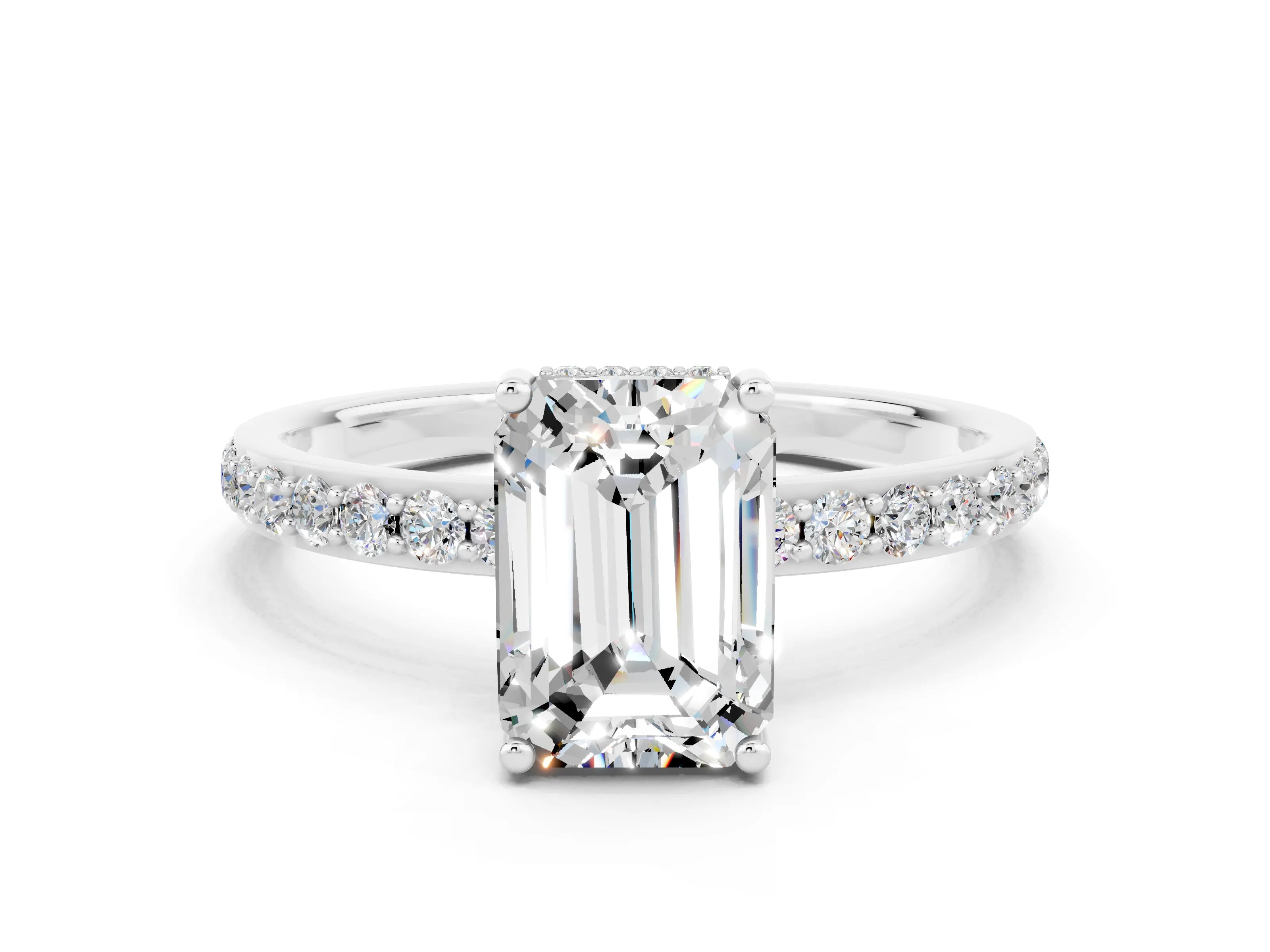 White gold Emerald Cut Moissanite Solitaire Ring with Pavé Band and Hidden Halo_24
