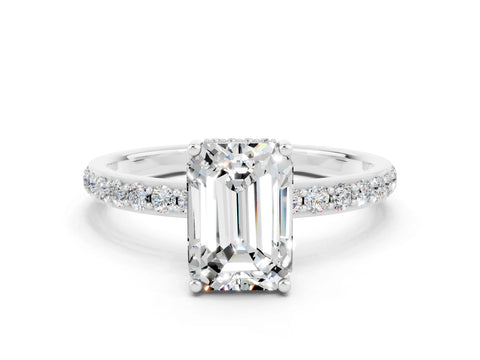 White gold Emerald Cut Moissanite Solitaire Ring with Pavé Band and Hidden Halo_24
