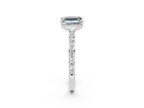 White gold Emerald Cut Moissanite Solitaire Ring with Pavé Band and Hidden Halo_26
