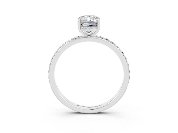White gold Emerald Cut Moissanite Solitaire Ring with Pavé Band and Hidden Halo