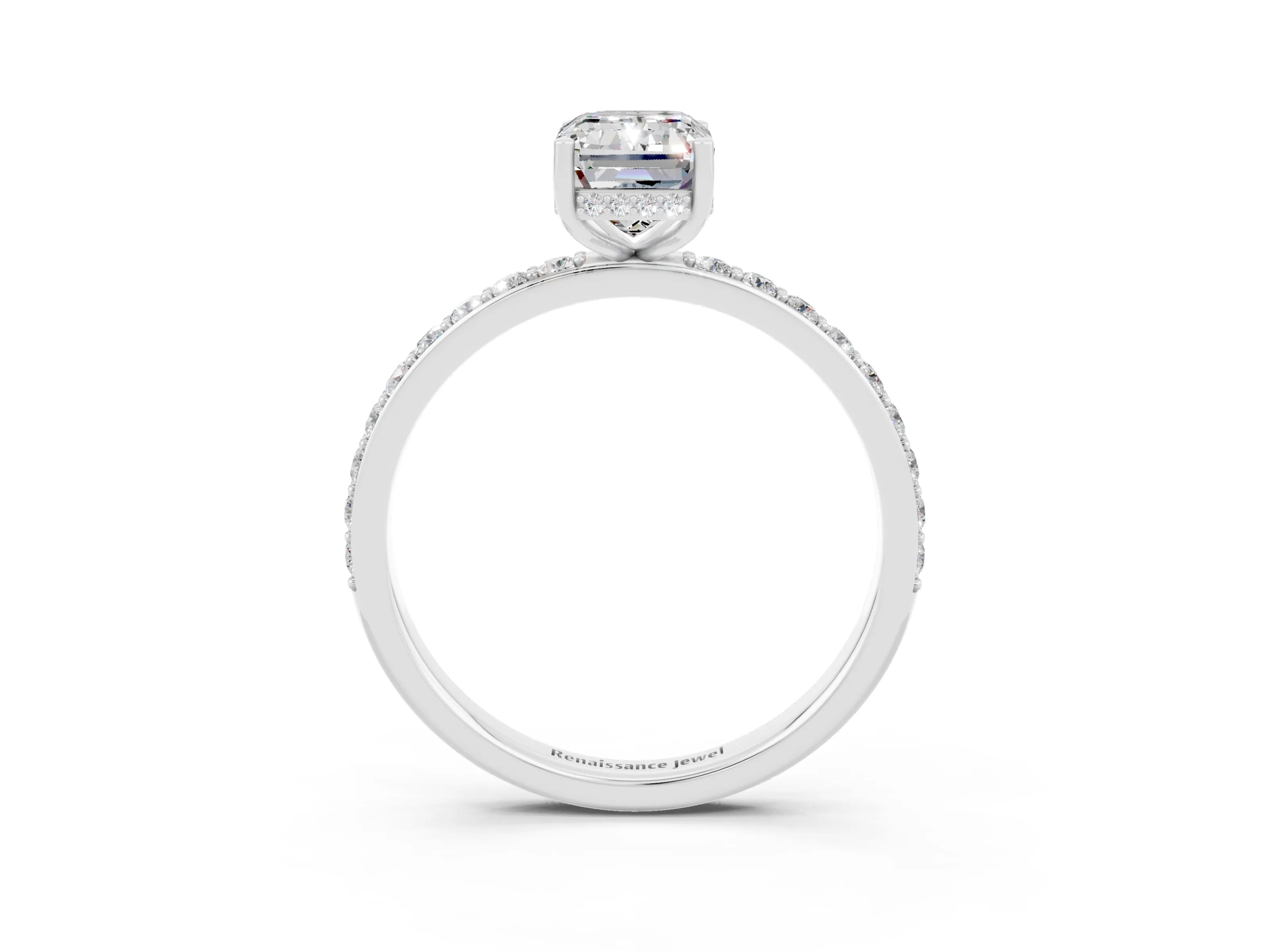White gold Emerald Cut Moissanite Solitaire Ring with Pavé Band and Hidden Halo_3