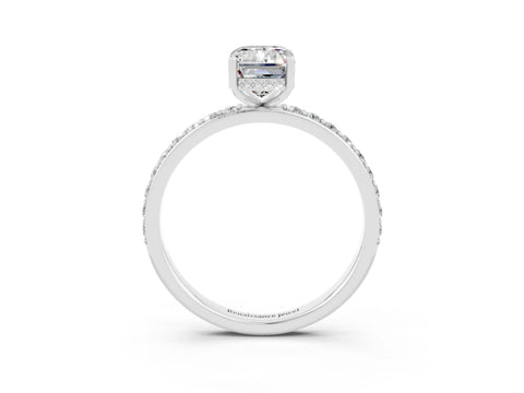 White gold Emerald Cut Moissanite Solitaire Ring with Pavé Band and Hidden Halo_3