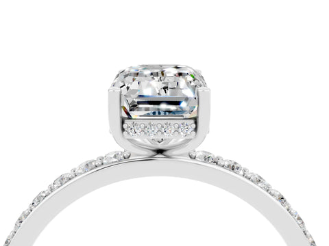 White gold Emerald Cut Moissanite Solitaire Ring with Pavé Band and Hidden Halo_4