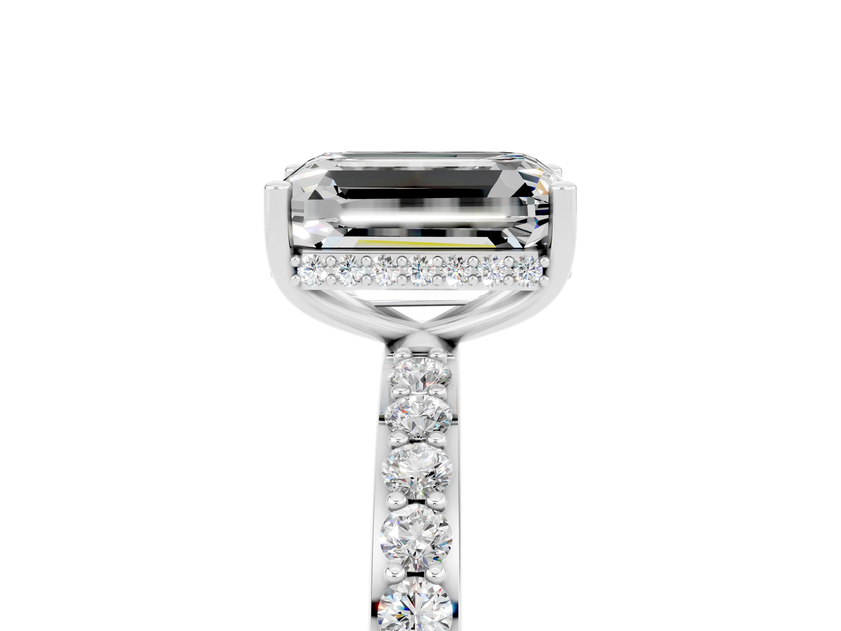White gold Emerald Cut Moissanite Solitaire Ring with Pavé Band and Hidden Halo_5
