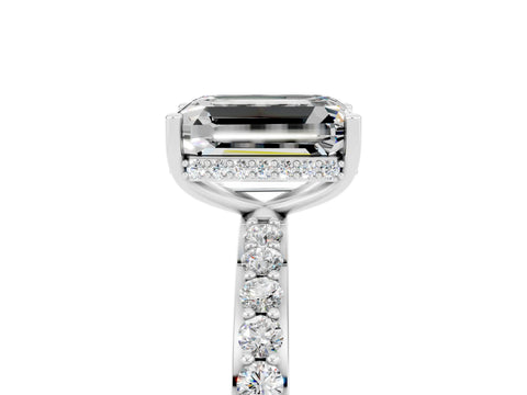 White gold Emerald Cut Moissanite Solitaire Ring with Pavé Band and Hidden Halo_5