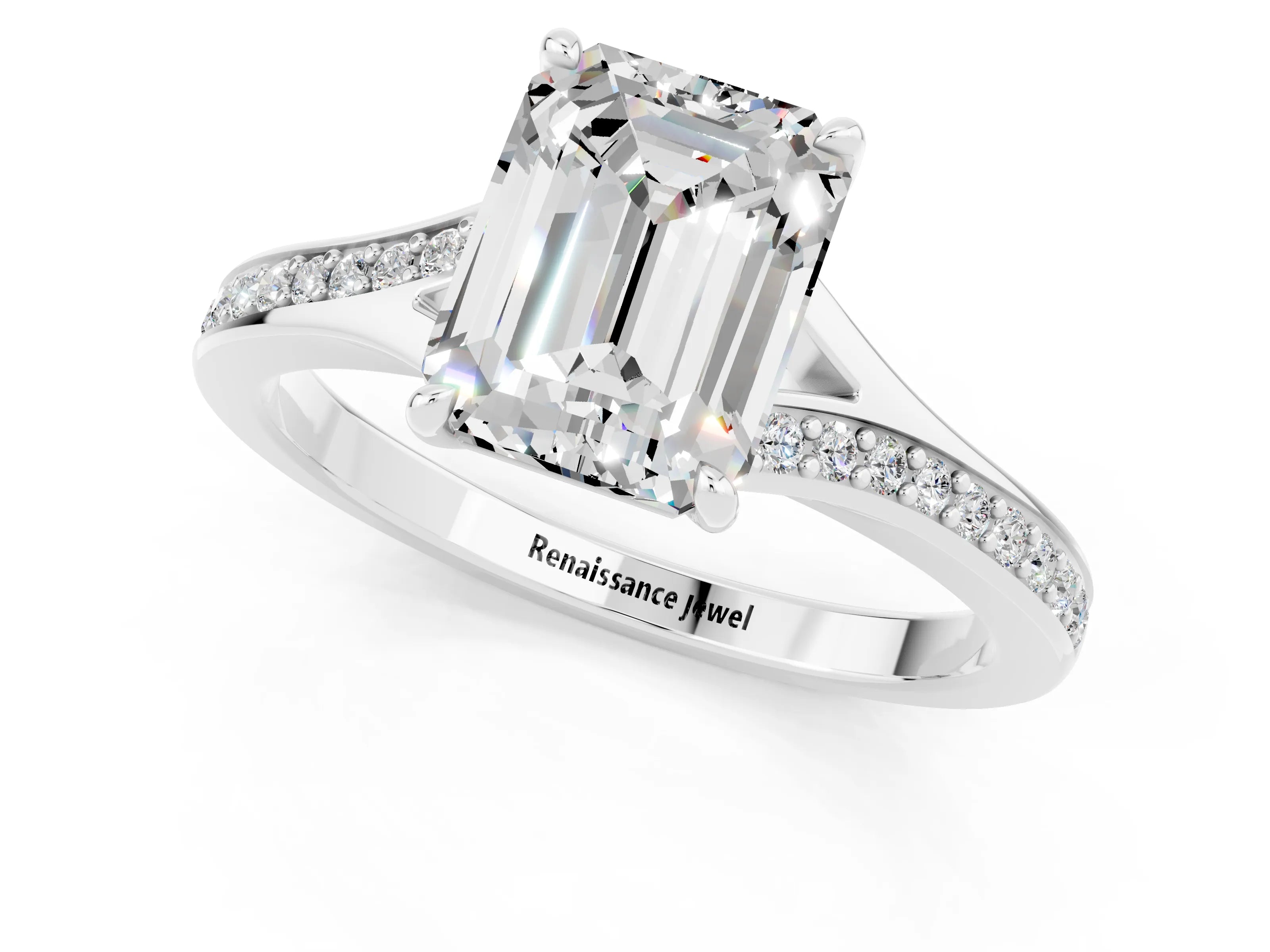 White gold Emerald Cut Moissanite Solitaire Ring with Pavé Band and Prong Setting_1