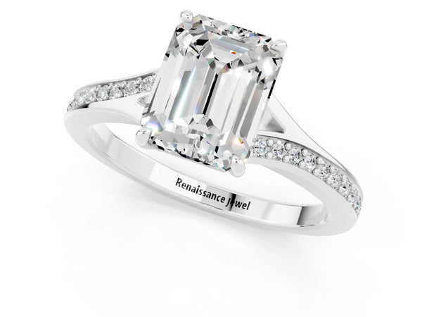 Silver Emerald Cut Moissanite Solitaire Ring with Pavé Band and Prong Setting