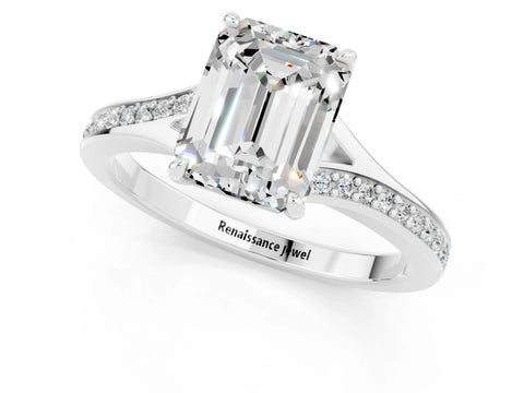 White gold Emerald Cut Moissanite Solitaire Ring with Pavé Band and Prong Setting_1