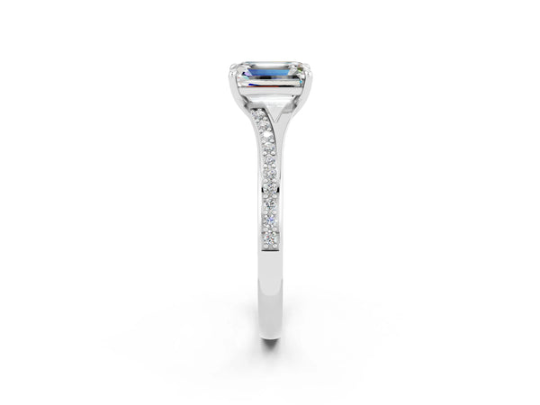 Platinum Emerald Cut Moissanite Solitaire Ring with Pavé Band and Prong Setting