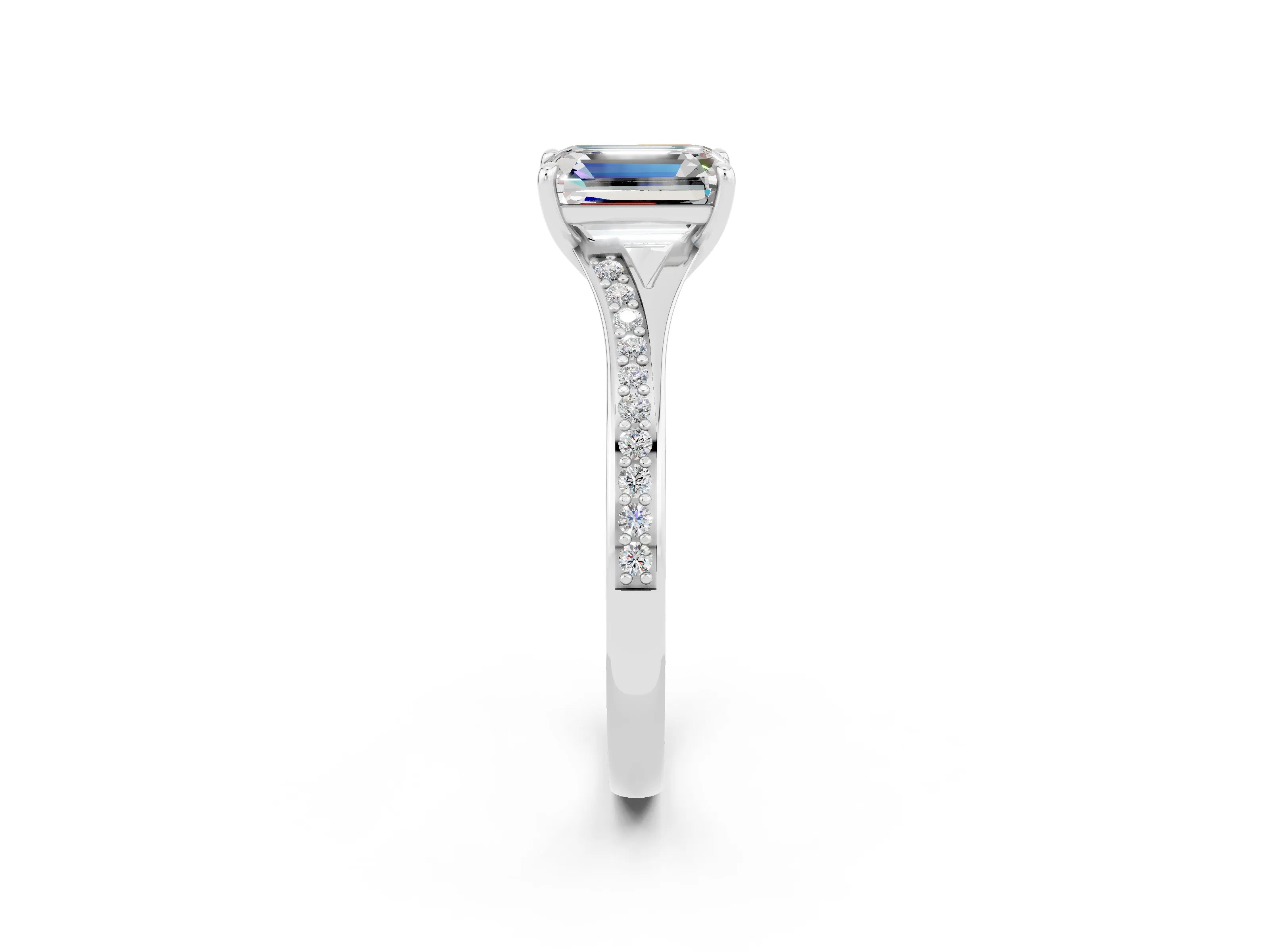White gold Emerald Cut Moissanite Solitaire Ring with Pavé Band and Prong Setting_26