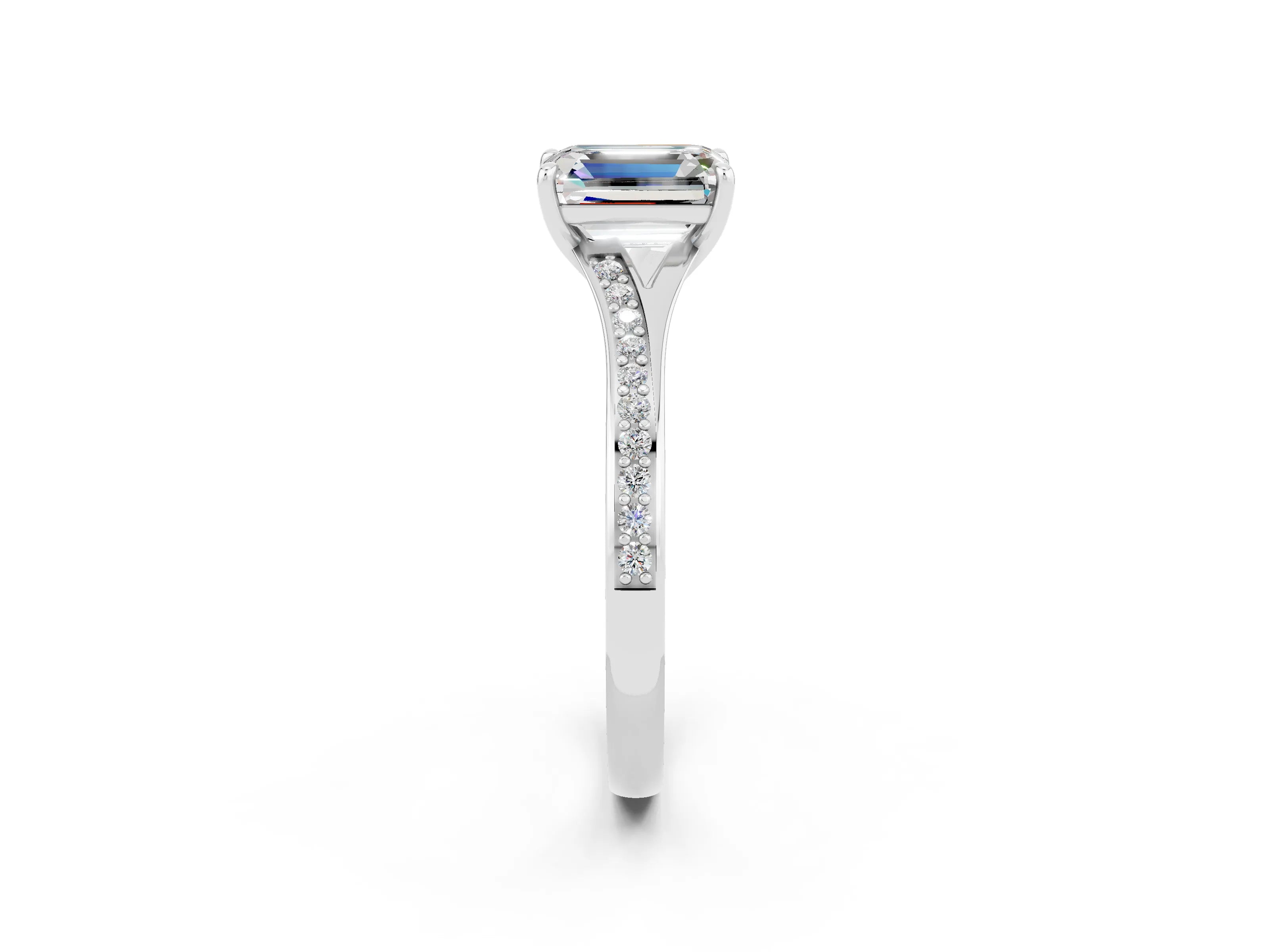 White gold Emerald Cut Moissanite Solitaire Ring with Pavé Band and Prong Setting_2