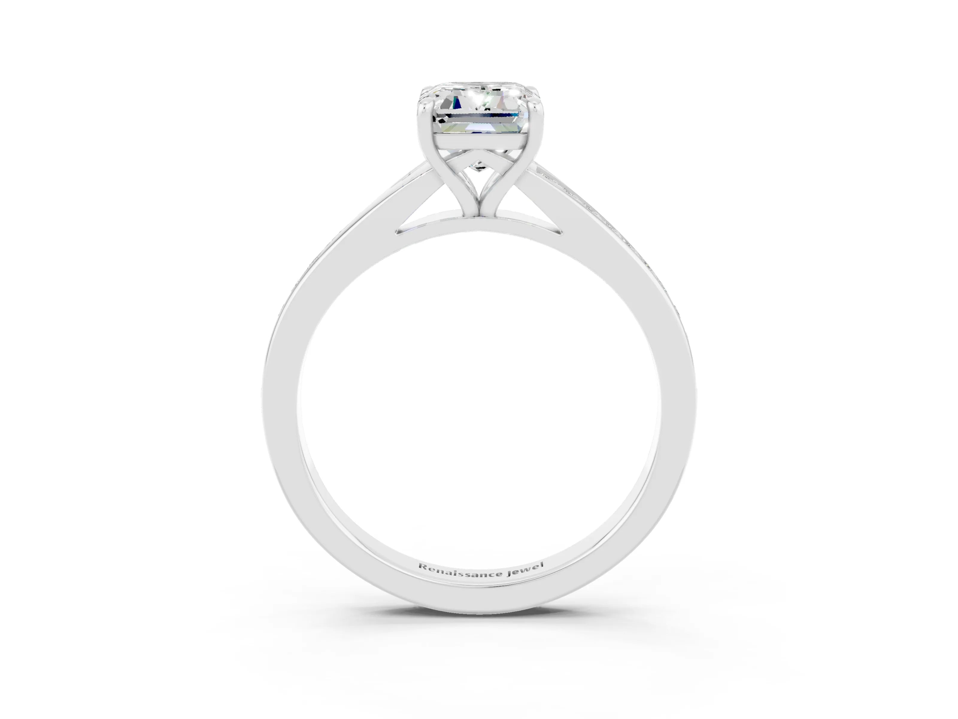 White gold Emerald Cut Moissanite Solitaire Ring with Pavé Band and Prong Setting_3