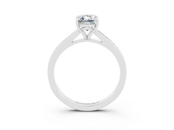 Silver Emerald Cut Moissanite Solitaire Ring with Pavé Band and Prong Setting