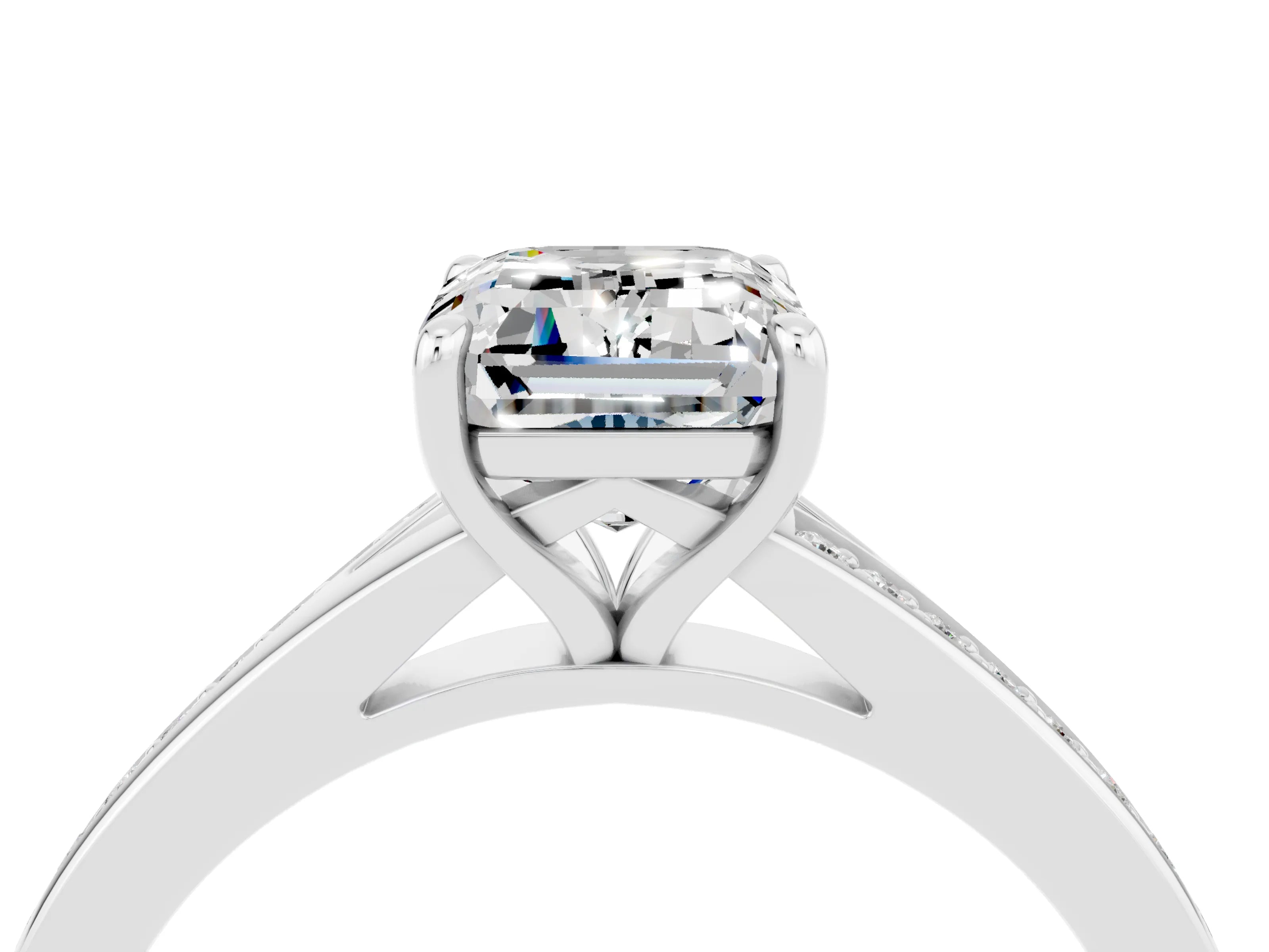 White gold Emerald Cut Moissanite Solitaire Ring with Pavé Band and Prong Setting_4