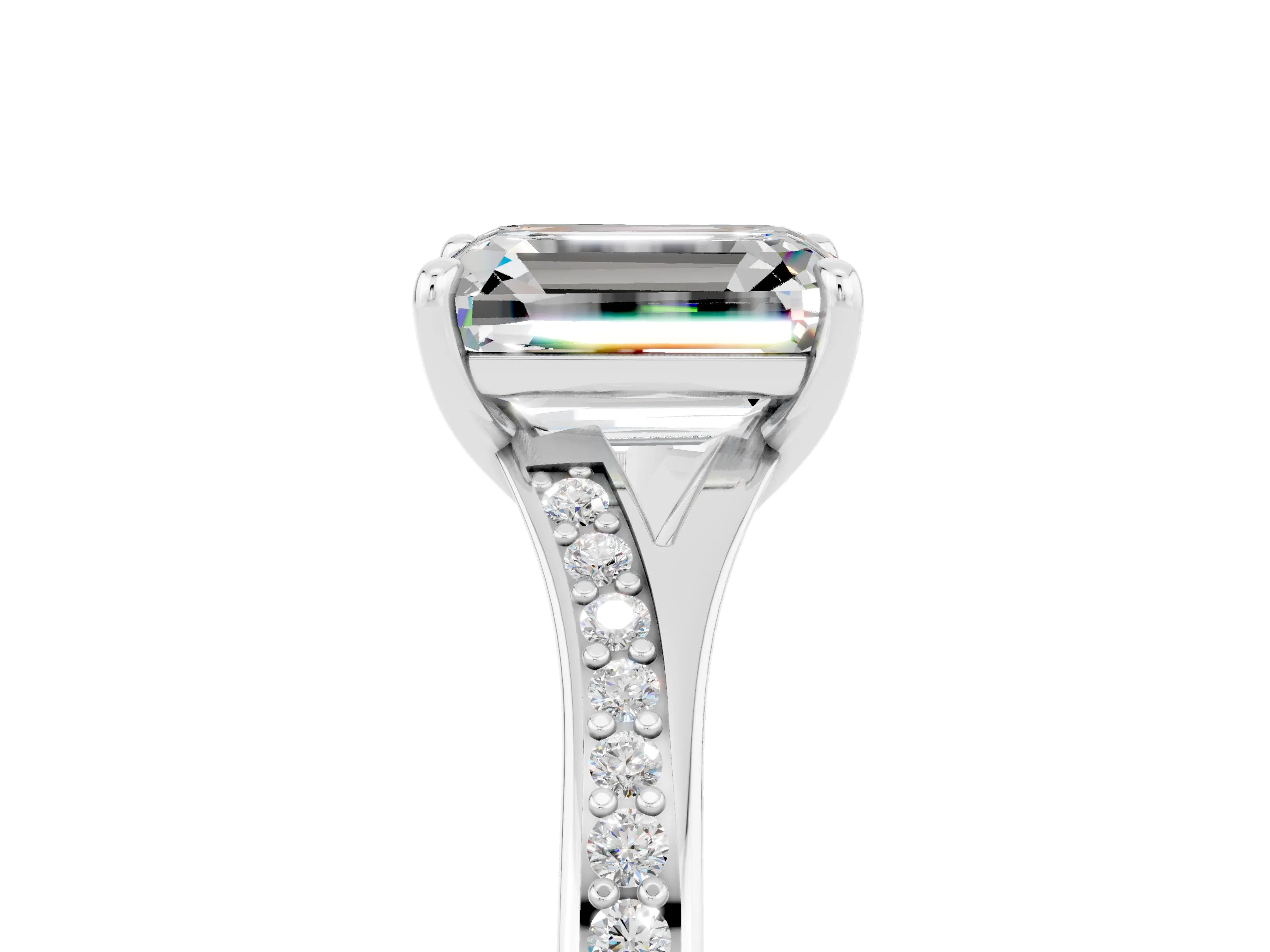 White gold Emerald Cut Moissanite Solitaire Ring with Pavé Band and Prong Setting_5