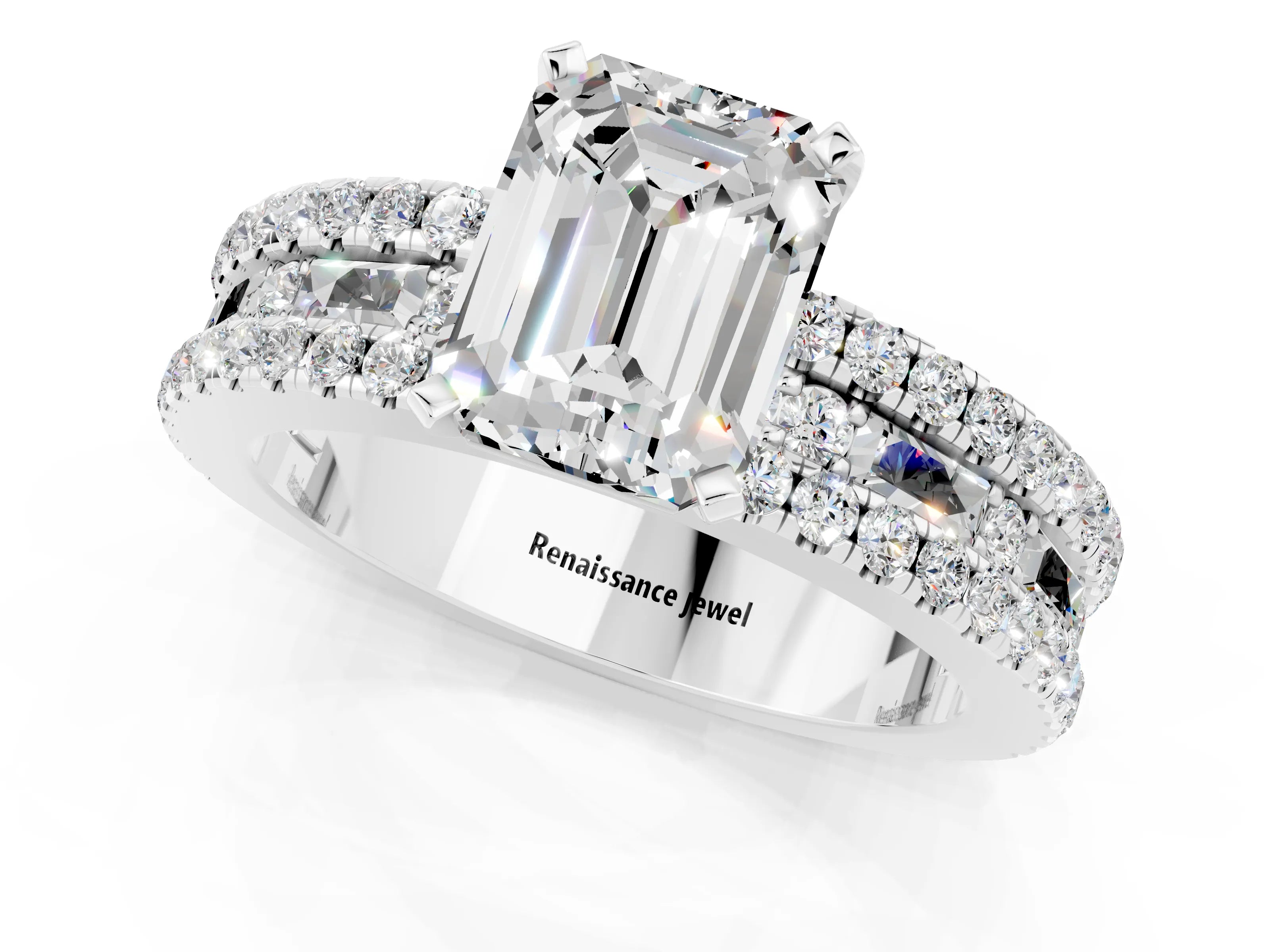 White gold Emerald Cut Moissanite Solitaire Ring with Pavé and Channel Set Band_1