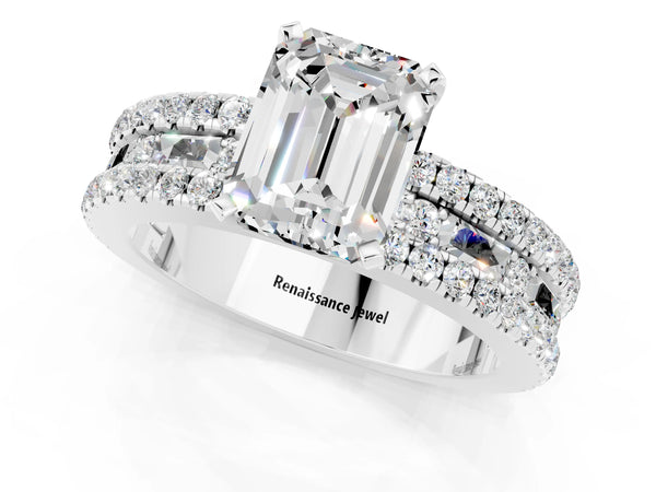 Silver Emerald Cut Moissanite Solitaire Ring with Pavé and Channel Set Band