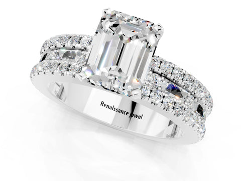 White gold Emerald Cut Moissanite Solitaire Ring with Pavé and Channel Set Band_1