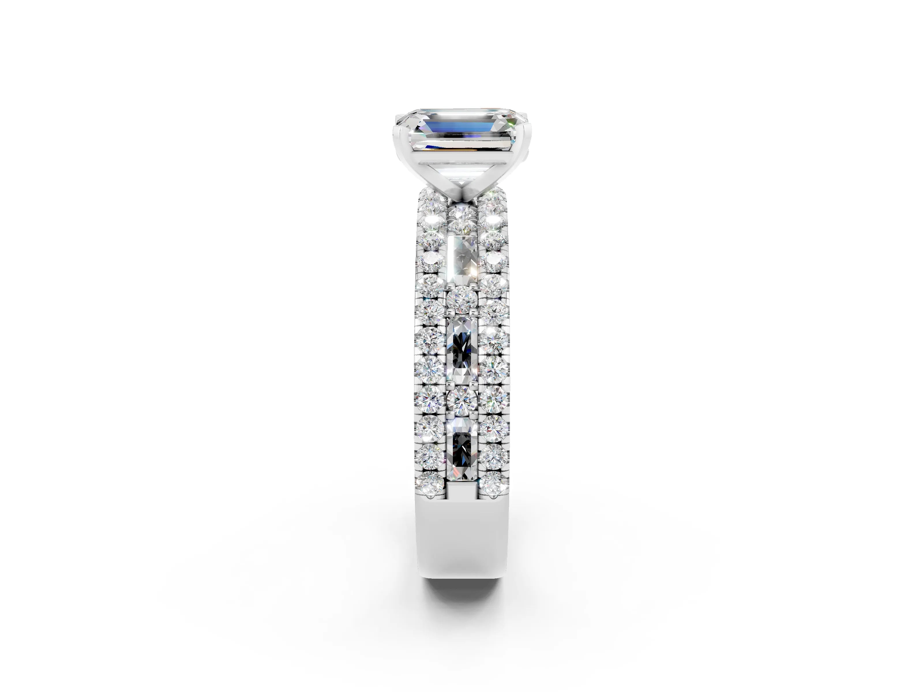 White gold Emerald Cut Moissanite Solitaire Ring with Pavé and Channel Set Band_2