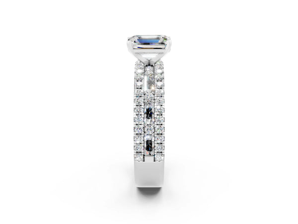 Silver Emerald Cut Moissanite Solitaire Ring with Pavé and Channel Set Band