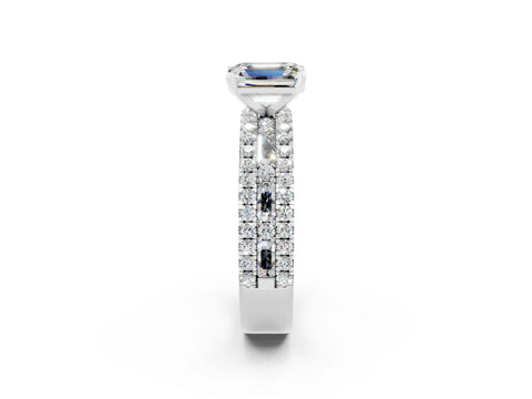 White gold Emerald Cut Moissanite Solitaire Ring with Pavé and Channel Set Band_2