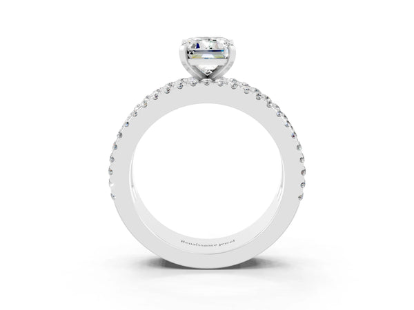 Silver Emerald Cut Moissanite Solitaire Ring with Pavé and Channel Set Band