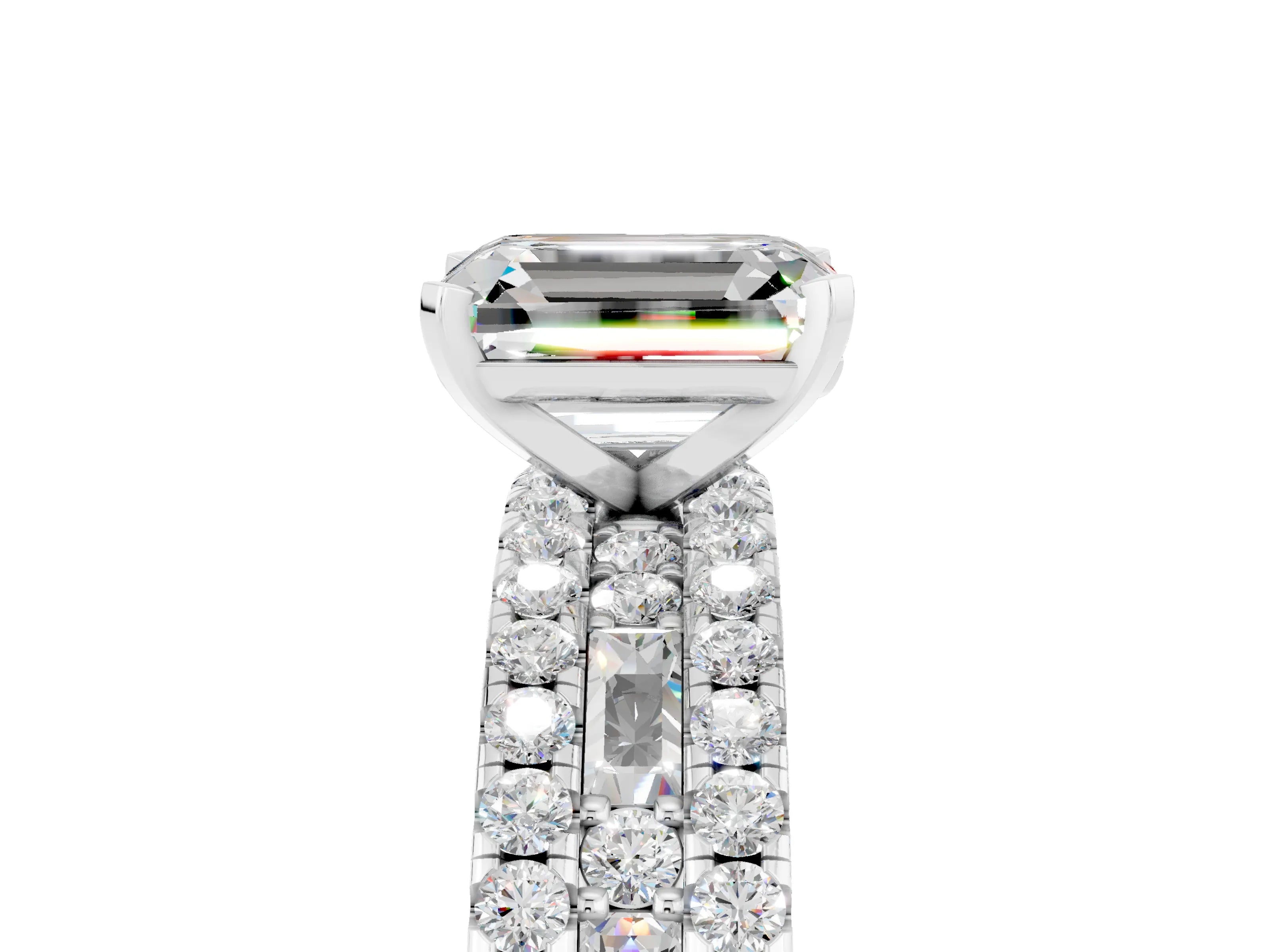 White gold Emerald Cut Moissanite Solitaire Ring with Pavé and Channel Set Band_5