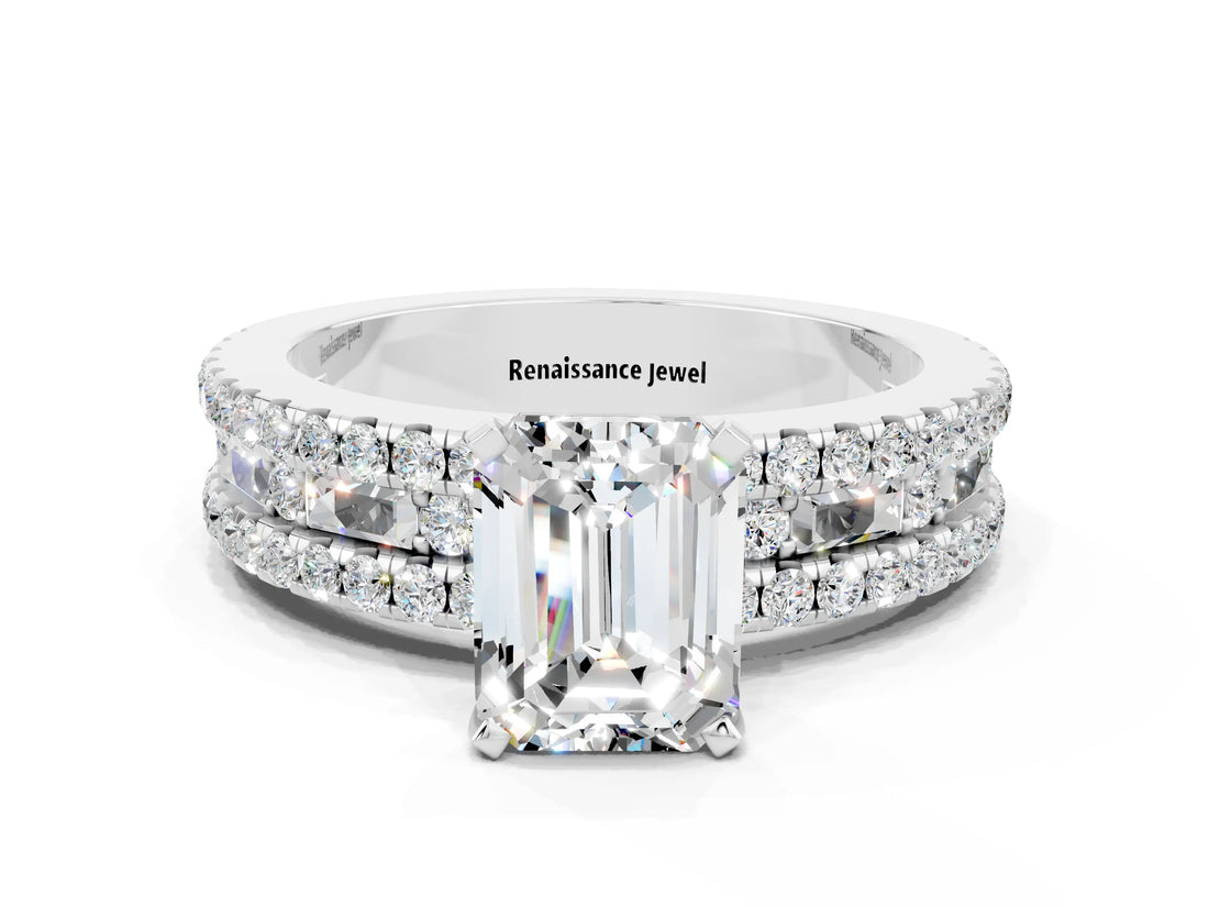 White gold Emerald Cut Moissanite Solitaire Ring with Pavé and Channel Set Band