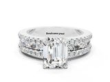 White gold Emerald Cut Moissanite Solitaire Ring with Pavé and Channel Set Band