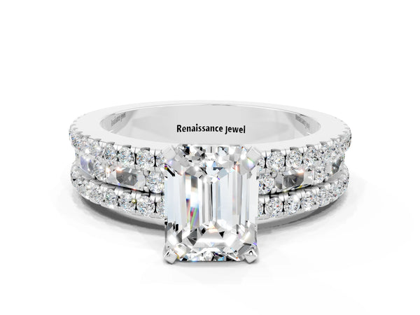 Silver Emerald Cut Moissanite Solitaire Ring with Pavé and Channel Set Band