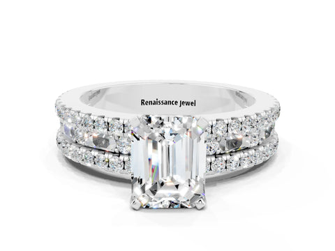 White gold Emerald Cut Moissanite Solitaire Ring with Pavé and Channel Set Band