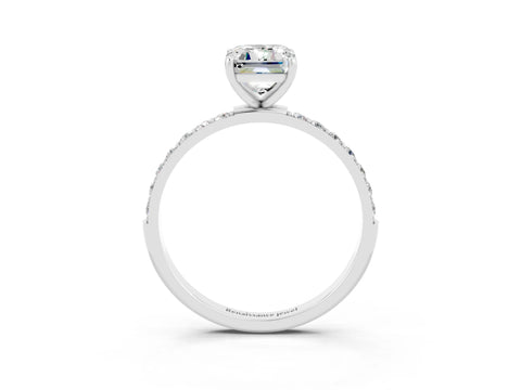 White gold Emerald Cut Moissanite Solitaire Ring with Pave Band and Four Prong Setting_15
