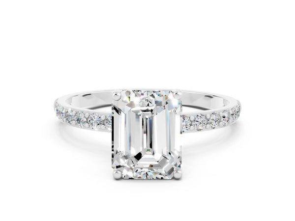 Silver Emerald Cut Moissanite Solitaire Ring with Round  Pavé Band and Prong Setting