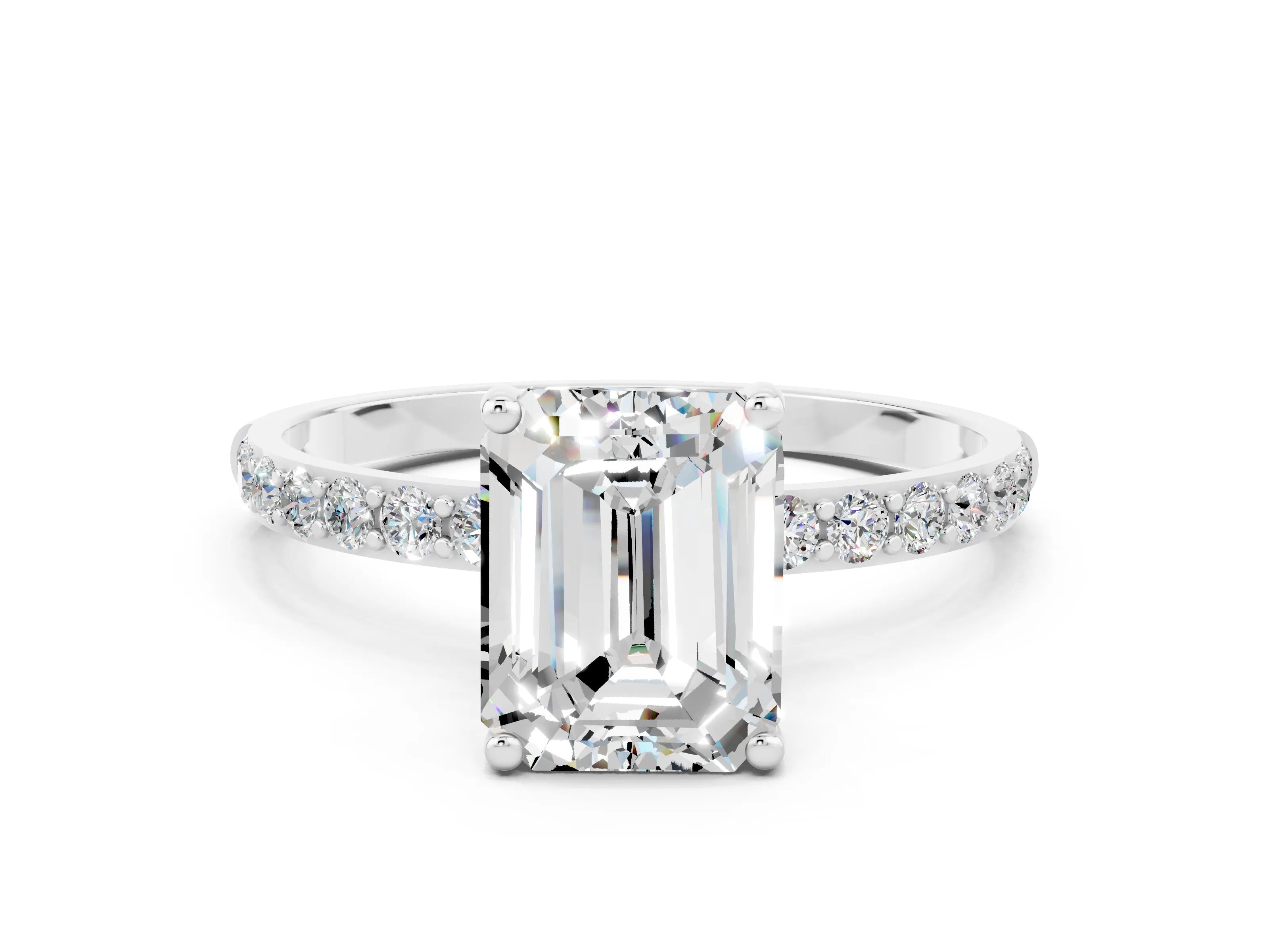 White gold Emerald Cut Moissanite Solitaire Ring with Pave Band and Four Prong Setting_24