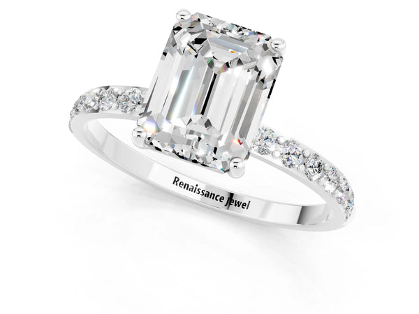 Platinum Emerald Cut Moissanite Solitaire Ring with Round  Pavé Band and Prong Setting