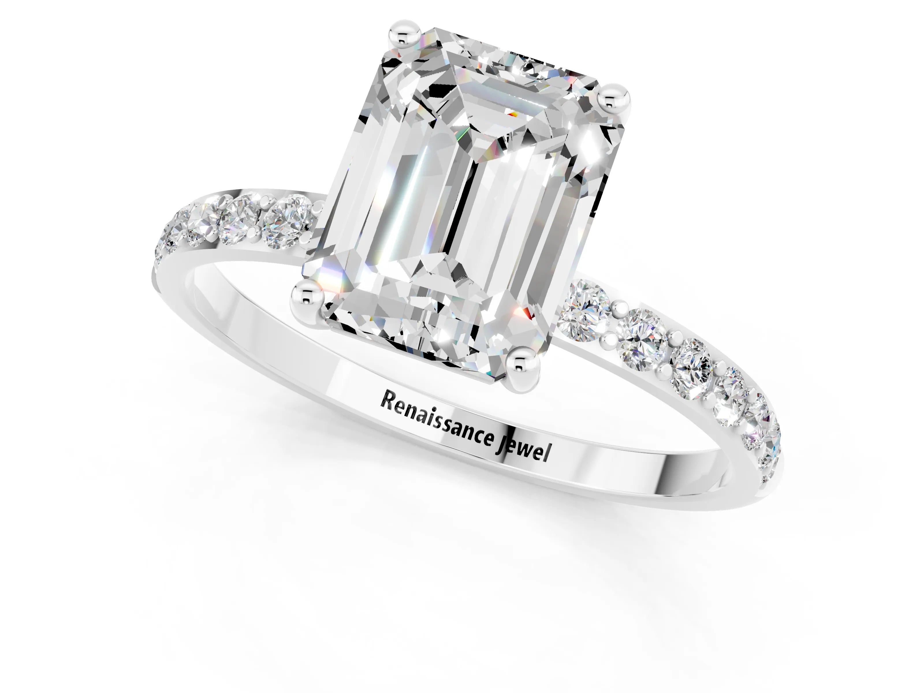 White gold Emerald Cut Moissanite Solitaire Ring with Pave Band and Four Prong Setting_25