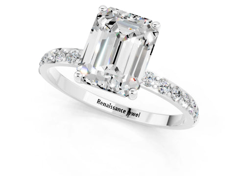 White gold Emerald Cut Moissanite Solitaire Ring with Pave Band and Four Prong Setting_25