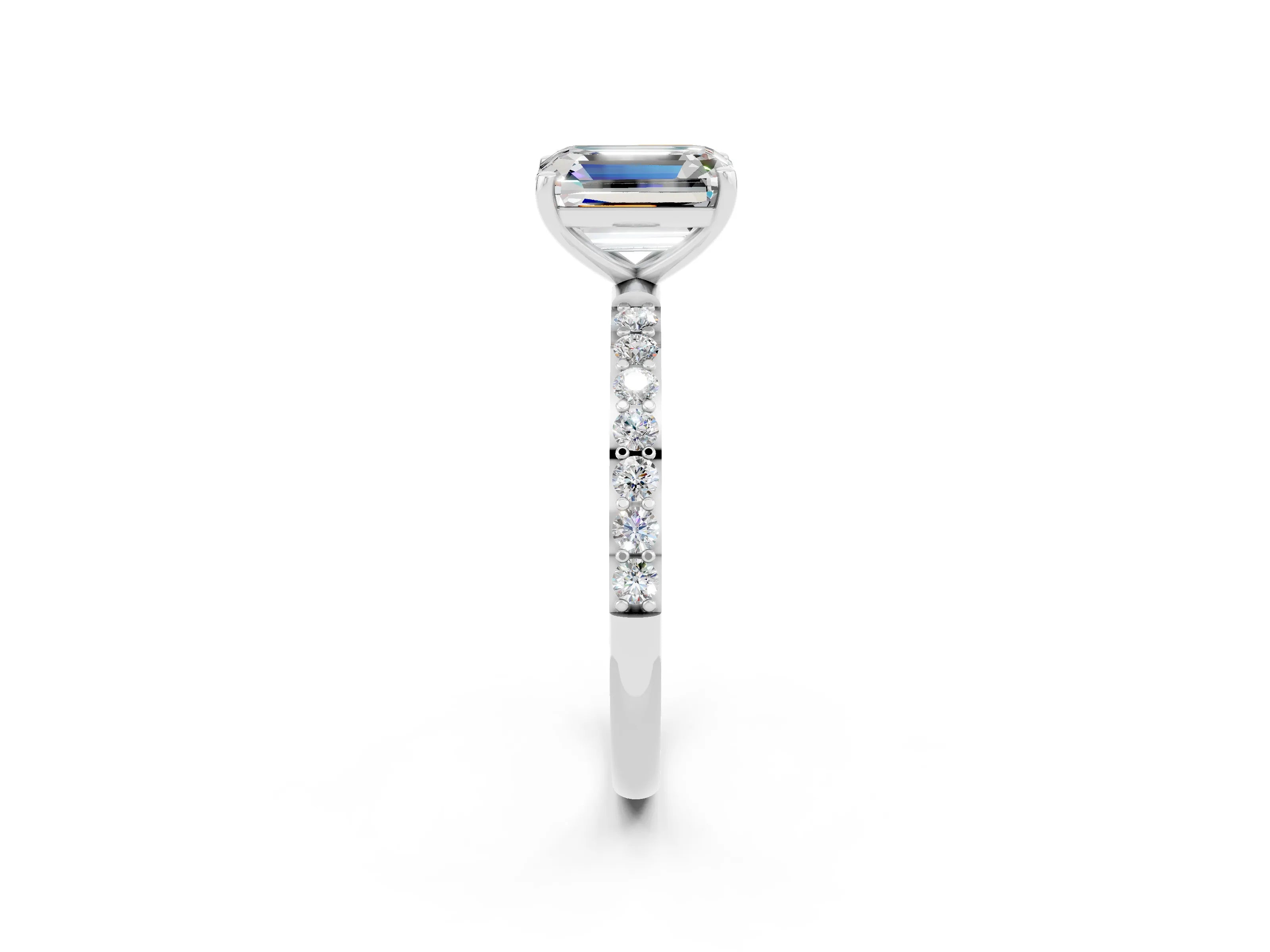 White gold Emerald Cut Moissanite Solitaire Ring with Pave Band and Four Prong Setting_26