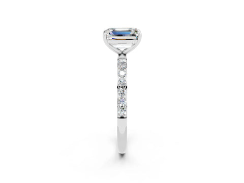 White gold Emerald Cut Moissanite Solitaire Ring with Pave Band and Four Prong Setting_26