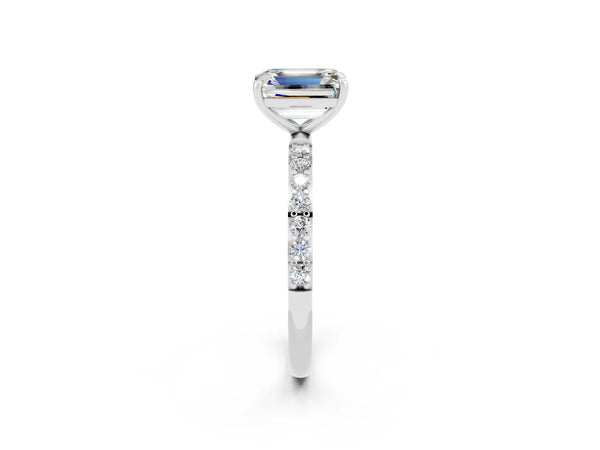 Silver Emerald Cut Moissanite Solitaire Ring with Round  Pavé Band and Prong Setting