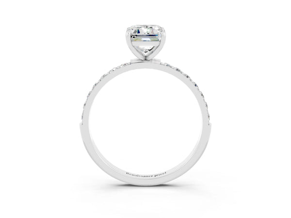 Silver Emerald Cut Moissanite Solitaire Ring with Round  Pavé Band and Prong Setting