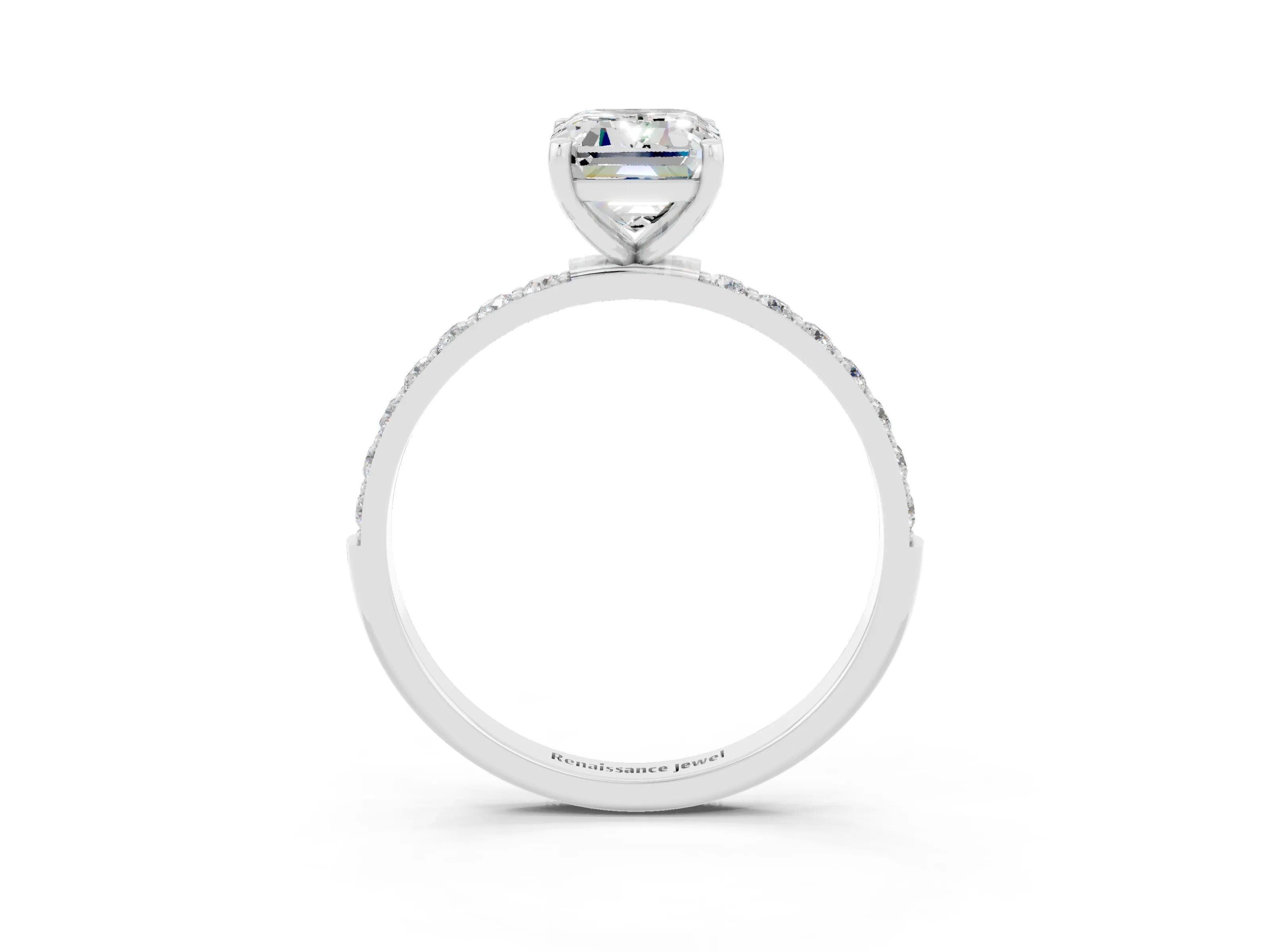 White gold Emerald Cut Moissanite Solitaire Ring with Pave Band and Four Prong Setting_27